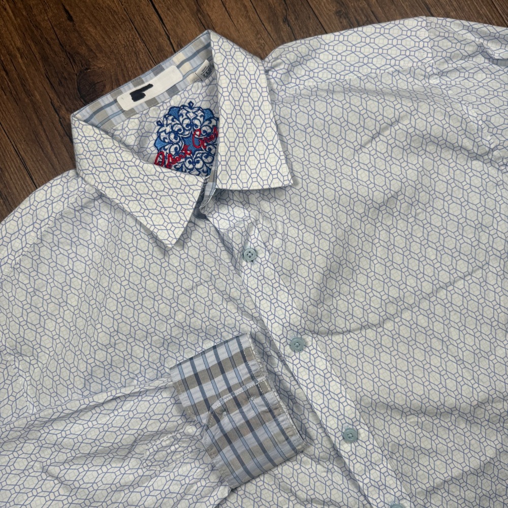 Robert Graham Shirt Mens 2XL White Blue Classic Geometric Hexagon Flip Cuff Bold